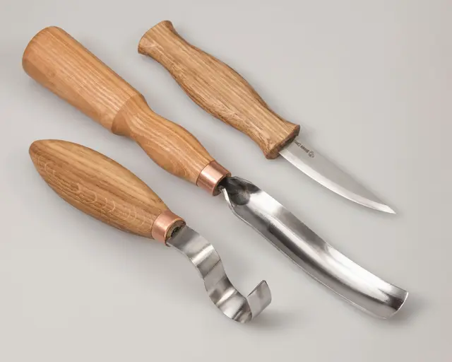 Knivsett S14 til treskje. Venstrehendt 2 kniver og 1 bøyd skulp. Beavercraft 
