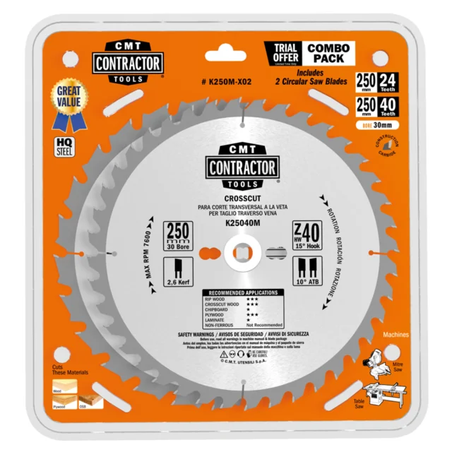 K Contractor sagbladsett 2-pk Ø250 mm 24 + 40 tenner – boring 30 mm 
