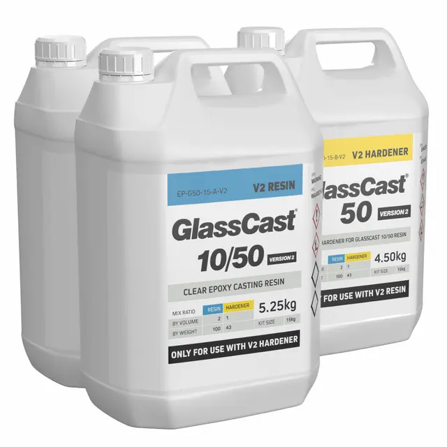 Epoxy - GlassCast 50 V2. 15kg Glassklar. For tykkere støp. 25/50 mm. 