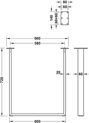 Bordben  H. 720mm. B. 600mm. Børstet rustfritt. 1stk. 