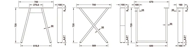 Bordben. H. 720mm. B. 700mm. Råstål. 1stk. 