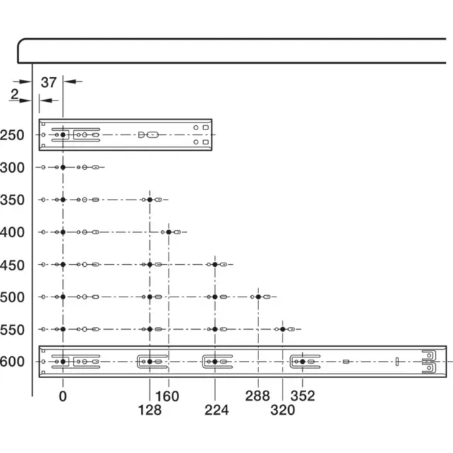 Häfele Matrix Runner BB A skuffeskinne instalasjonslengde 250mm, bæreevne 12 kg 