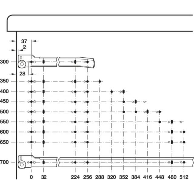Skuffeskinner med rulleløp, 550 mm Stål, for utenpåliggende montering 