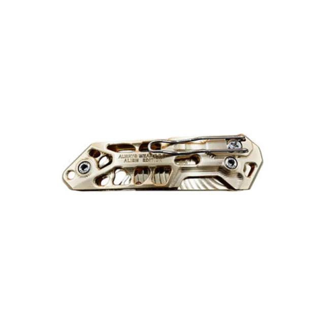 Alien Edition universalkniv i messing Med hurtigutløser og belteklips 