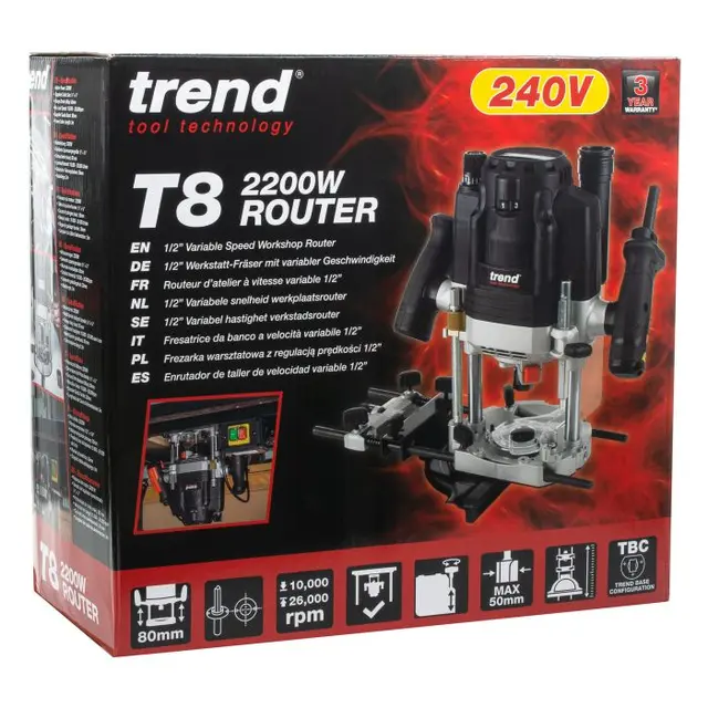Trend T8EK Håndoverfres med Heis 2200W med 12 og 8mm. Spennhylse 